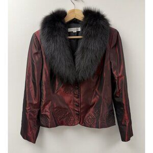 Kay Unger red Shimmery blazer Black fox fur collar floral embroidered details 8